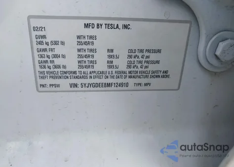 2021 Tesla Model Y Long Range Dual Motor All-Wheel Drive из США, поврежденный, VIN 5YJYGDEE8MF124910